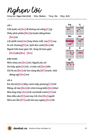 Hợp âm Nghẹn lời (Ngọc Sơn (trẻ)) – bản nhạc PDF trang 1, tông Em