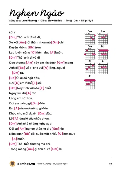 Hợp âm Nghẹn Ngào (Chế Linh) – bản nhạc PDF trang 1, tông Dm