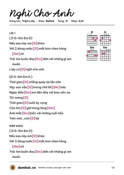 Hợp âm Nghĩ Cho Anh (Trậm Liêu) – bản nhạc PDF trang 1, tông D