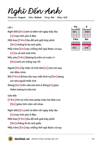 Hợp âm Nghĩ Đến Anh (Juky San) – bản nhạc PDF trang 1, tông Bm