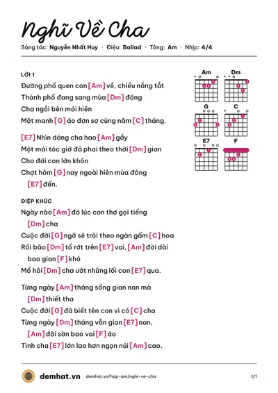 Hợp âm Nghĩ Về Cha (Đàm Vĩnh Hưng) – bản nhạc PDF trang 1, tông Am