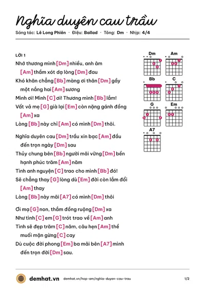 Hợp âm Nghĩa duyên cau trầu (Duy Hồ) – bản nhạc PDF trang 1, tông Dm
