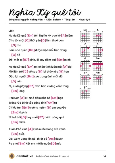 Hợp âm Nghĩa Kỳ quê tôi (Lê Thu Hà) – bản nhạc PDF trang 1, tông Em
