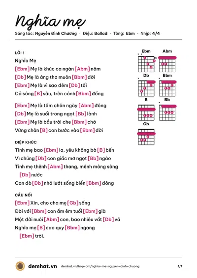Hợp âm Nghĩa mẹ (Nguyễn Đình Chương) – bản nhạc PDF trang 1, tông Ebm