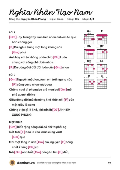Hợp âm Nghĩa Nhân Hạo Nam (Lâm Chấn Khang) – bản nhạc PDF trang 1, tông Gm