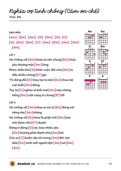 Hợp âm Nghĩa vợ tình chồng (Cảm ơn chế) (Minh Chiến) – bản nhạc PDF trang 1, tông Am