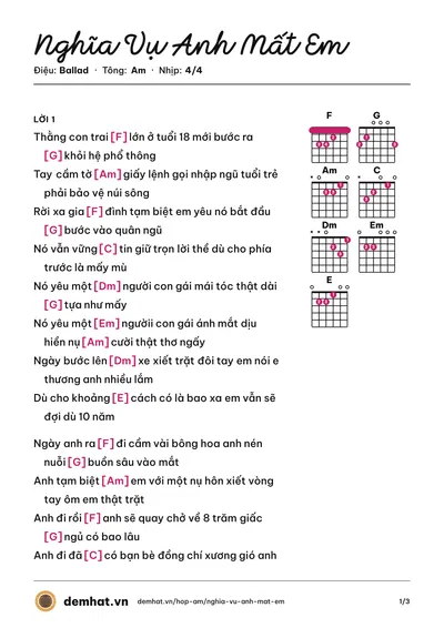 Hợp âm Nghĩa Vụ Anh Mất Em (Mạnh hakyno) – bản nhạc PDF trang 1, tông Am