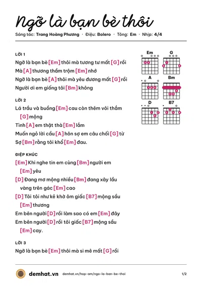 Hợp âm Ngỡ là bạn bè thôi (Phương Tử Long) – bản nhạc PDF trang 1, tông Em