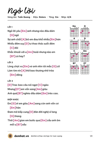 Hợp âm Ngỏ lời (Tuấn Quang) – bản nhạc PDF trang 1, tông Em