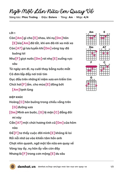 Hợp âm Ngỡ Một Lần Nữa Em Quay Về (Bằng Kiều) – bản nhạc PDF trang 1, tông Am