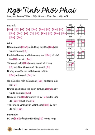 Hợp âm Ngỡ Tình Phôi Phai (Hồ Quang Hiếu) – bản nhạc PDF trang 1, tông Em