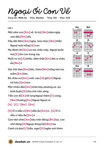 Hợp âm Ngoại Ơi Con Về (Cẩm Ly) – bản nhạc PDF trang 1, tông Em