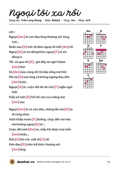 Hợp âm Ngoại tôi xa rồi (Trần Long Giang) – bản nhạc PDF trang 1, tông Am