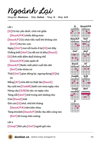 Hợp âm Ngoảnh Lại (guy) – bản nhạc PDF trang 1, tông G