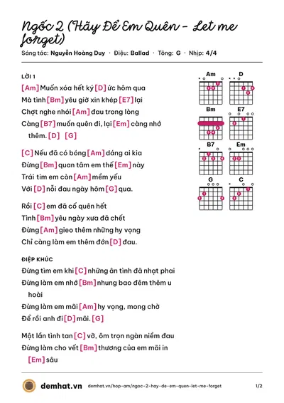 Hợp âm Ngốc 2 (Hãy Để Em Quên - Let me forget) (Hương Tràm) – bản nhạc PDF trang 1, tông G