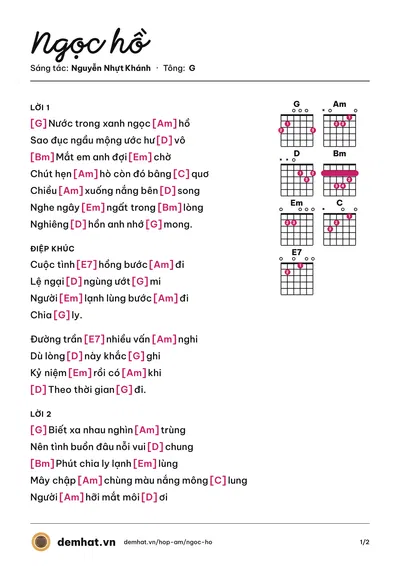 Hợp âm Ngọc hồ (Q. Dũng) – bản nhạc PDF trang 1, tông G