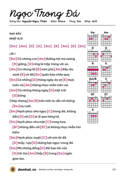 Hợp âm Ngọc Trong Đá (FM Band) – bản nhạc PDF trang 1, tông Em