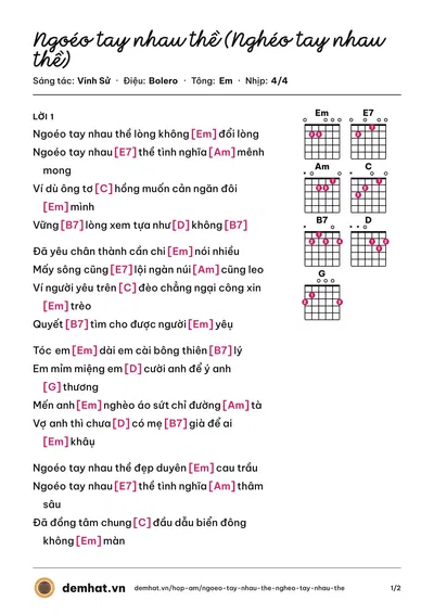 Hợp âm Ngoéo tay nhau thề (Nghéo tay nhau thề) (Tâm Đoan) – bản nhạc PDF trang 1, tông Em