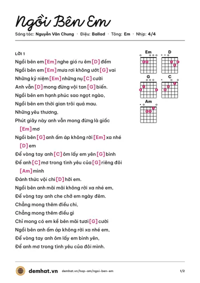 Hợp âm Ngồi Bên Em (Phan Đinh Tùng) – bản nhạc PDF trang 1, tông Em