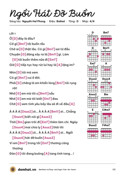 Hợp âm Ngồi Hát Đỡ Buồn (Trúc Nhân) – bản nhạc PDF trang 1, tông D