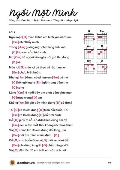 Hợp âm Ngồi Một Mình (Bùi Lan Hương) – bản nhạc PDF trang 1, tông G
