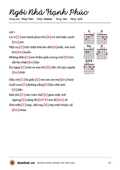 Hợp âm Ngôi Nhà Hạnh Phúc (Thủy Tiên) – bản nhạc PDF trang 1, tông Em