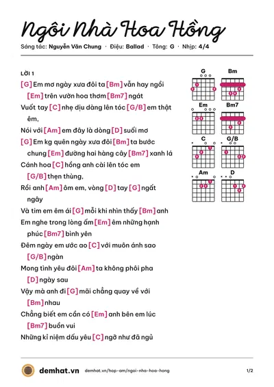 Hợp âm Ngôi Nhà Hoa Hồng (Quang Vinh) – bản nhạc PDF trang 1, tông G