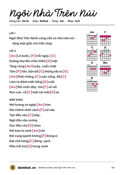 Hợp âm Ngôi Nhà Trên Núi (Hà Di) – bản nhạc PDF trang 1, tông Am