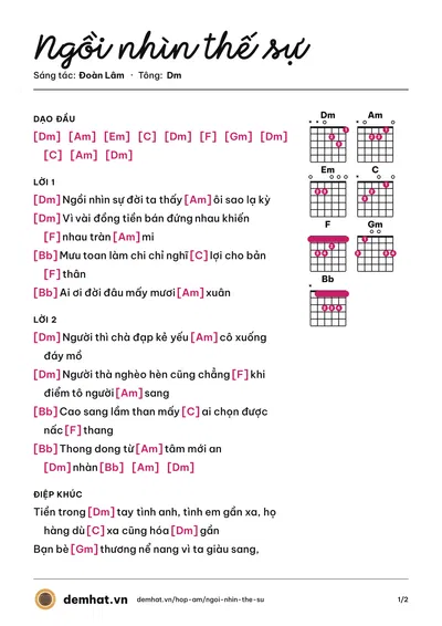 Hợp âm Ngồi nhìn thế sự (Đoàn Lâm) – bản nhạc PDF trang 1, tông Dm
