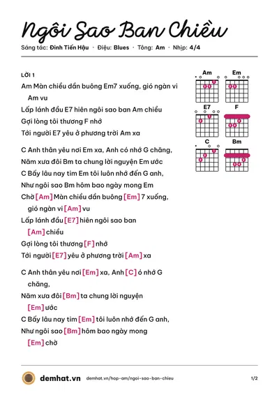 Hợp âm Ngôi Sao Ban Chiều (Minh Phương) – bản nhạc PDF trang 1, tông Am