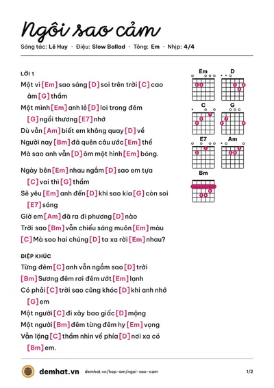 Hợp âm Ngôi sao cảm (Phùng Ngọc Huy) – bản nhạc PDF trang 1, tông Em