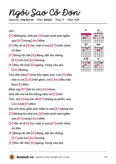 Hợp âm Ngôi Sao Cô Đơn (Ưng Đại Vệ) – bản nhạc PDF trang 1, tông F