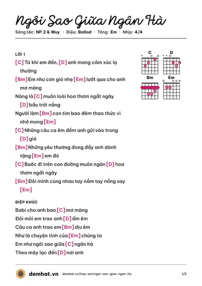 Hợp âm Ngôi Sao Giữa Ngân Hà (NP.2) – bản nhạc PDF trang 1, tông Em