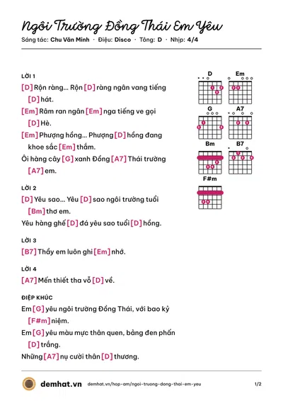 Hợp âm Ngôi Trường Đồng Thái Em Yêu (Tốp ca trường TH Đồng Thái) – bản nhạc PDF trang 1, tông D