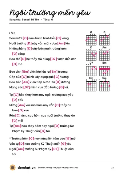 Hợp âm Ngôi trường mến yêu (Sensei Tú Tôn) – bản nhạc PDF trang 1, tông G