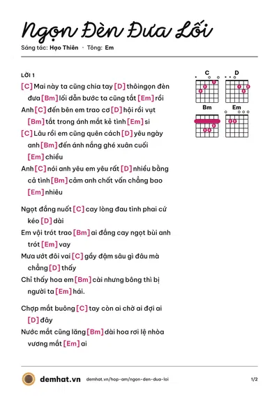 Hợp âm Ngọn Đèn Đưa Lối (Bảo Vân) – bản nhạc PDF trang 1, tông Em