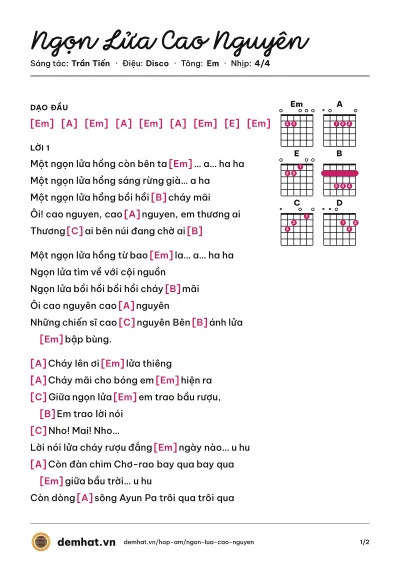 Hợp âm Ngọn Lửa Cao Nguyên (Siu Black) – bản nhạc PDF trang 1, tông Em