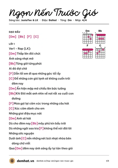 Hợp âm Ngọn Nến Trước Gió (JustaTee) – bản nhạc PDF trang 1, tông Dm