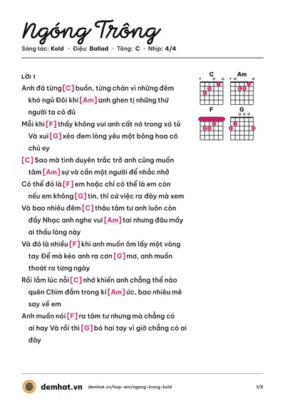 Hợp âm Ngóng Trông (Kold) – bản nhạc PDF trang 1, tông C