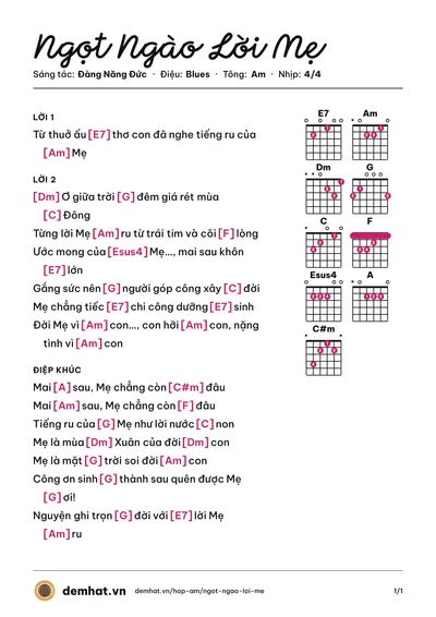 Hợp âm Ngọt Ngào Lời Mẹ (Đàng Năng Đức) – bản nhạc PDF trang 1, tông Am