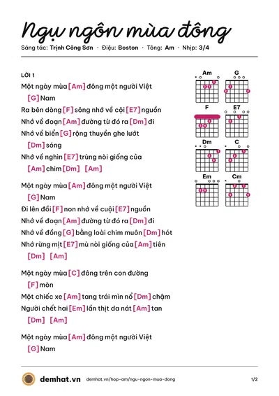 Hợp âm Ngụ ngôn mùa đông (Khánh Ly) – bản nhạc PDF trang 1, tông Am