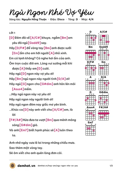 Hợp âm Ngủ Ngon Nhé Vợ Yêu (Phan Đinh Tùng) – bản nhạc PDF trang 1, tông D