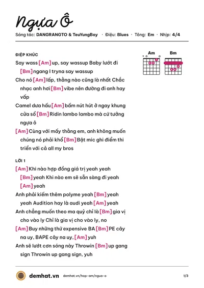 Hợp âm Ngựa Ô (TeuYungBoy) – bản nhạc PDF trang 1, tông Em