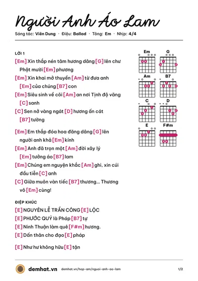 Hợp âm Người Anh Áo Lam (Viên Dung) – bản nhạc PDF trang 1, tông Em