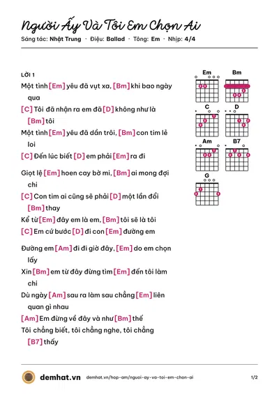 Hợp âm Người Ấy Và Tôi Em Chọn Ai (Lưu Chí Vỹ) – bản nhạc PDF trang 1, tông Em