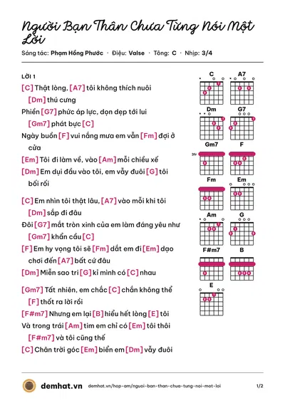 Hợp âm Người Bạn Thân Chưa Từng Nói Một Lời (Phạm Hồng Phước) – bản nhạc PDF trang 1, tông C