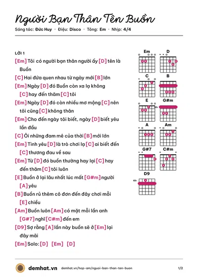 Hợp âm Người Bạn Thân Tên Buồn (Đức Huy) – bản nhạc PDF trang 1, tông Em