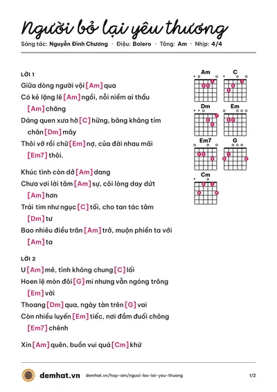 Hợp âm Người bỏ lại yêu thương (Nguyễn Đình Chương) – bản nhạc PDF trang 1, tông Am