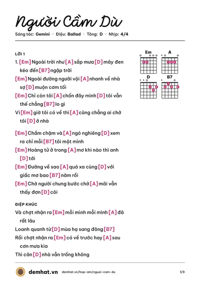 Hợp âm Người Cầm Dù (Gemini) – bản nhạc PDF trang 1, tông D
