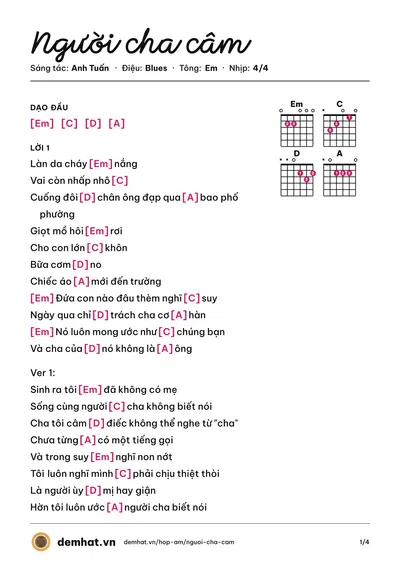 Hợp âm Người cha câm (MTV) – bản nhạc PDF trang 1, tông Em